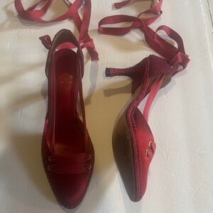 Manolo Blahnik Castaner espadrille high heeled Red burgundy Shoes made in Spain